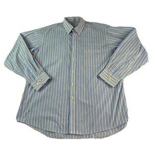 VTG Y2K IZOD Shirt Men 17.5 Blue Yellow Stripe Button Business Preppy Coastal